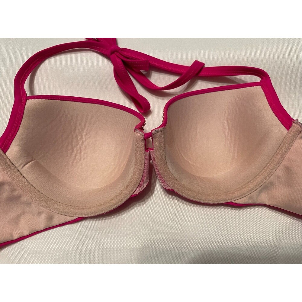 Victoria's Secret 32C Swim Top Push up Bra Bling Gold Studs hotie halter Pink - Picture 2 of 4